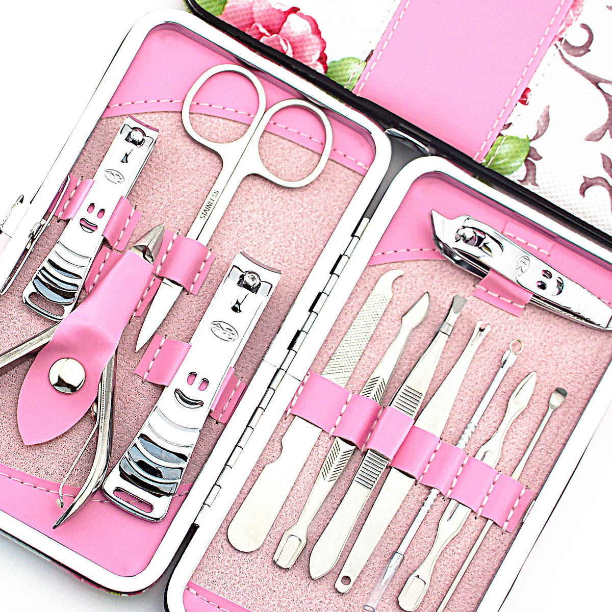 Nail Clipper Set Acier Inoxydable 12 Pièce rose Fleur Ciseaux À Ongles Manucure manucure outils rose -12