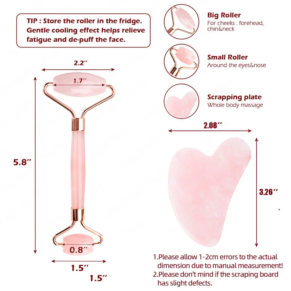 Rose Quartz Jade Roller & Gua Sha Set - Beauty Tool Spa Facial Massage