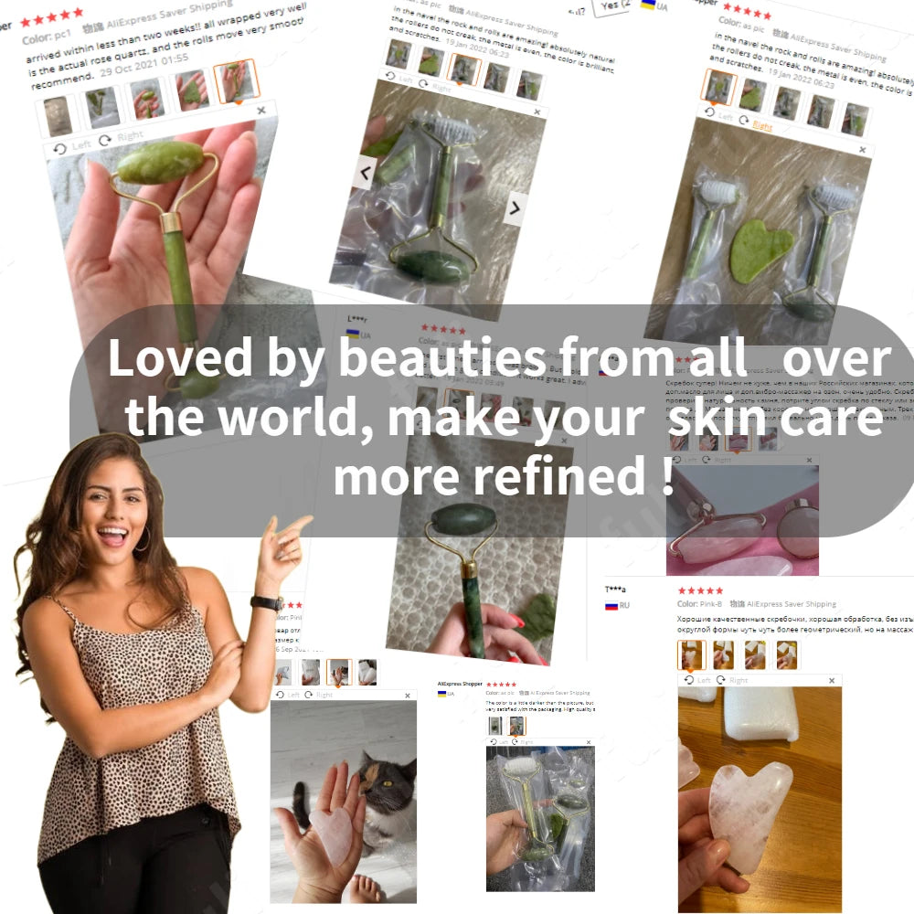 Rose Quartz Jade Roller & Gua Sha Set - Beauty Tool Spa Facial Massage