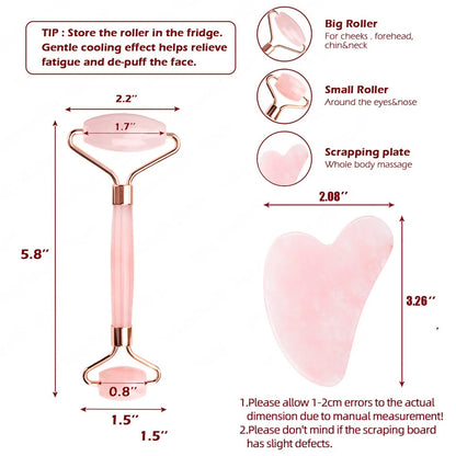 Rose Quartz Jade Roller & Gua Sha Set - Beauty Tool Spa Facial Massage